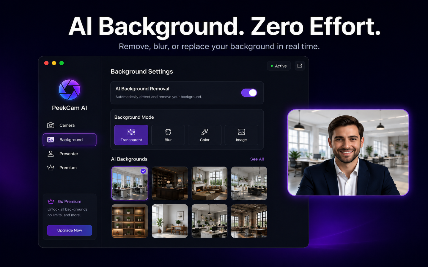 PeekCam AI background settings showing transparent, blur, color and image modes