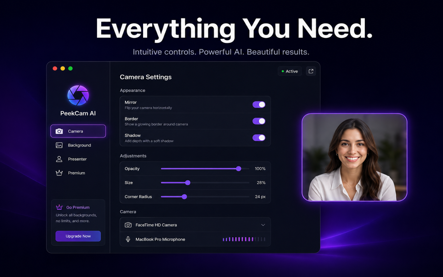 PeekCam AI camera settings panel