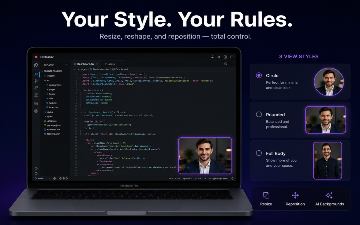 PeekCam AI three view styles: circle, rounded and full body